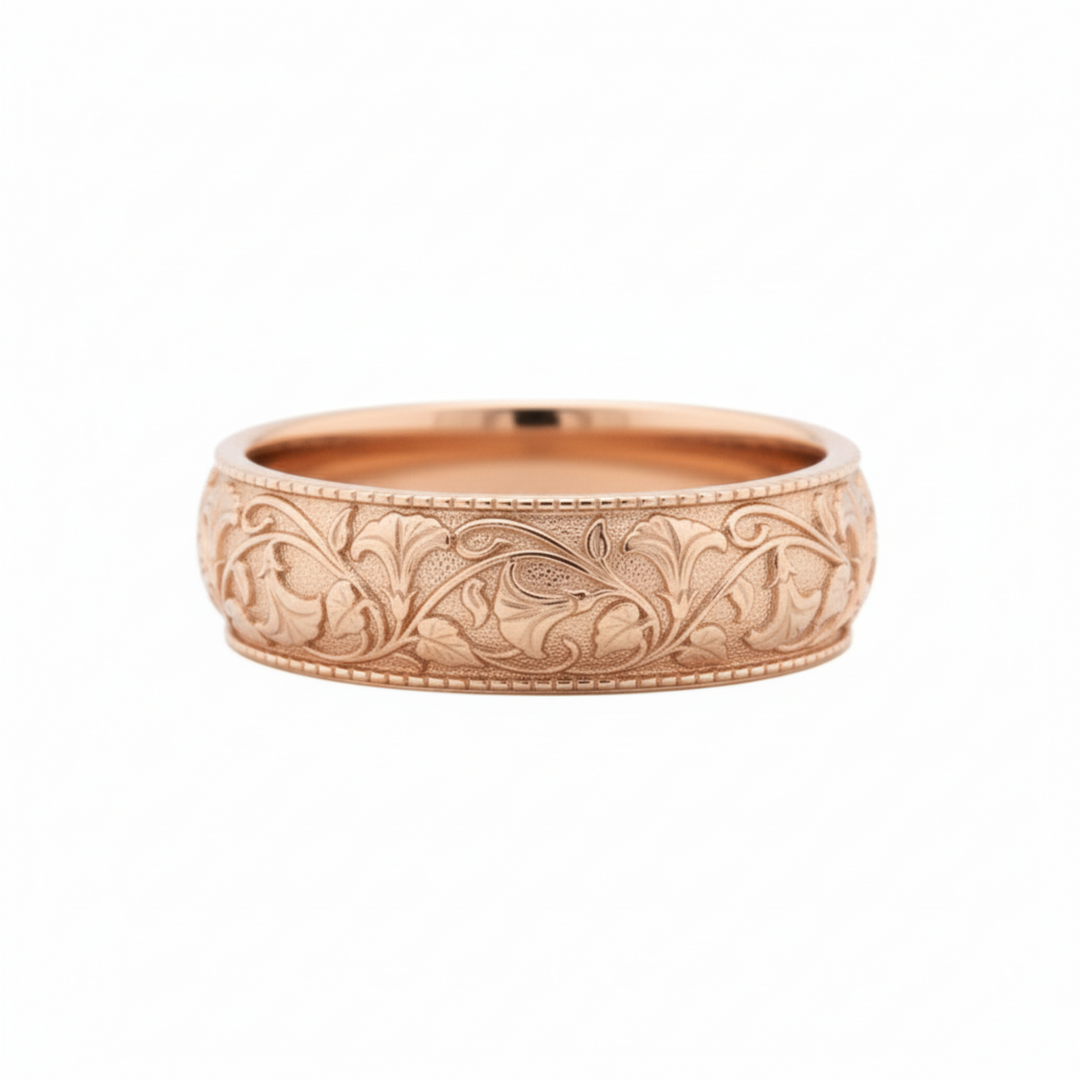 Rose gold floral and vine engraved wedding band with trumpet vine motif, 14K gold antique style wedding ring | Rare Earth Jewelry