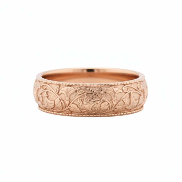 Rose gold floral and vine engraved wedding band with trumpet vine motif, 14K gold antique style wedding ring | Rare Earth Jewelry