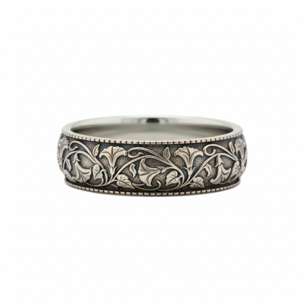 14K white gold engraved floral wedding band with vintage inspired design in dark antique patina finish | Rare Earth Jewelry