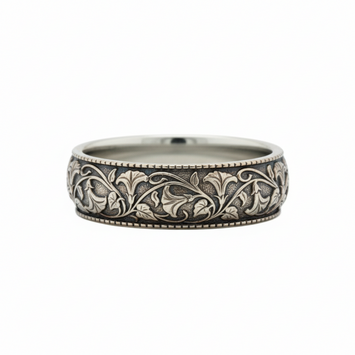14K white gold engraved floral wedding band with vintage inspired design in dark antique patina finish | Rare Earth Jewelry
