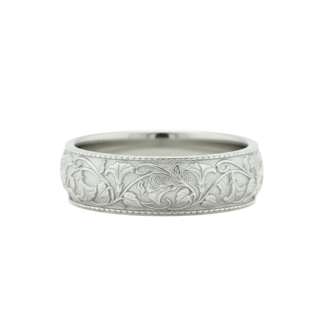 Engraved floral vine wedding band in 14K white gold with vintage style botanical trumpet vine pattern | Rare Earth Jewelry