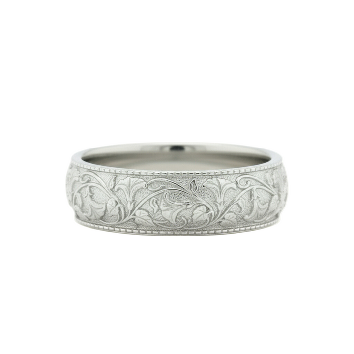 Engraved floral vine wedding band in 14K white gold with vintage style botanical trumpet vine pattern | Rare Earth Jewelry