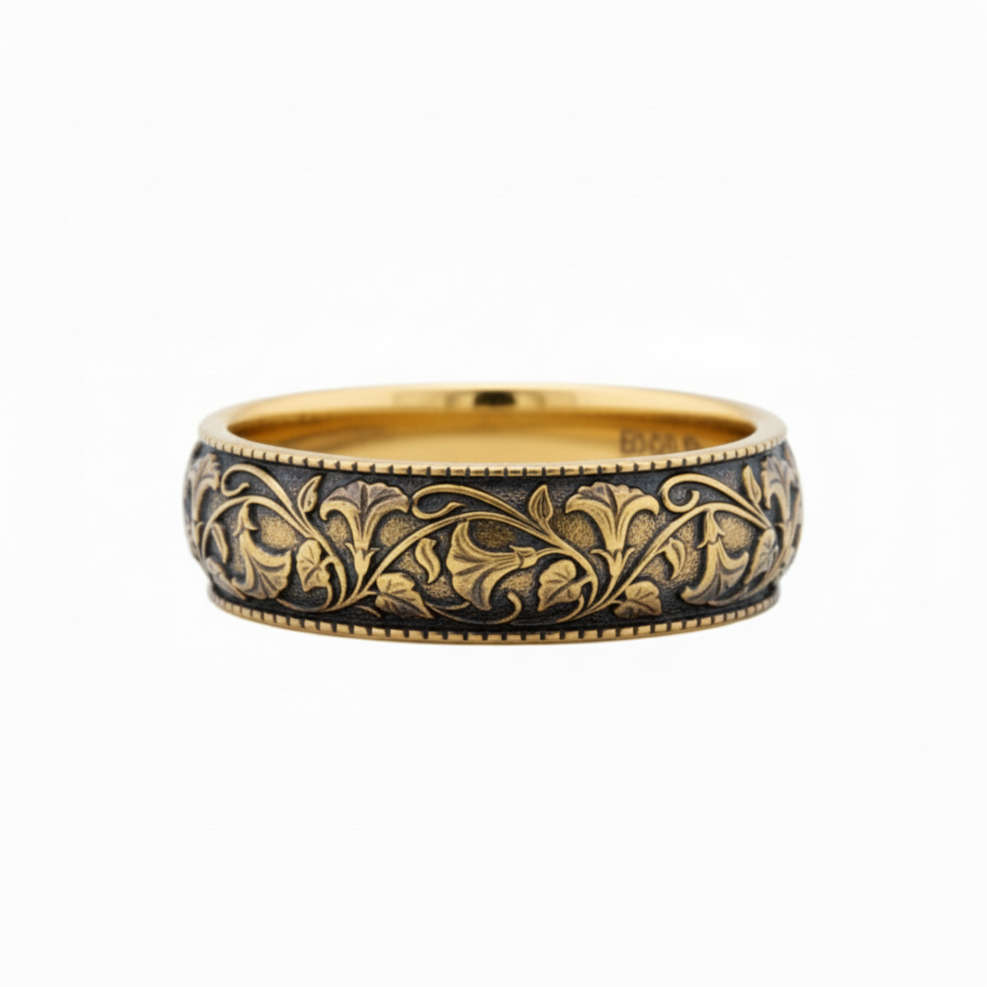 14K yellow gold engraved wedding band with vintage style trumpet vine and flower design and antique patina finish | Rare Earth Jewelry