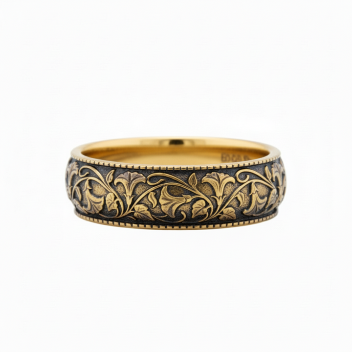 14K yellow gold engraved wedding band with vintage style trumpet vine and flower design and antique patina finish | Rare Earth Jewelry