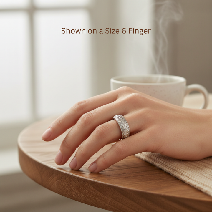 Vintage style engraved floral wedding band with vines and flowers, 8mm band shown in  14K White Gold on size 6 finger | Rare Earth Jewelry