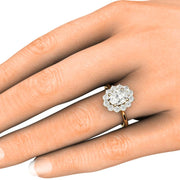 Vintage inspired Moissanite engagement ring with an 8x6mm oval halo design on the hand.