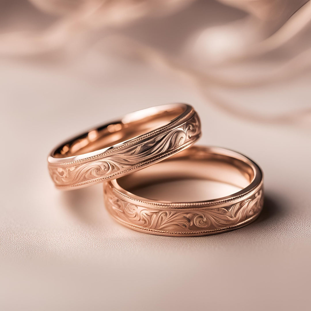 Rose Gold vintage inspired wedding bands with an engraved leaf and scroll design and milgrain from Rare Earth Jewelry.