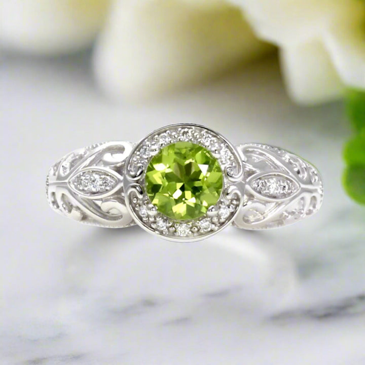 Natural Peridot Ring in 14K or 18K Gold with Diamond Halo and Art Deco Design with Filigree, Green Gemstone Ring | Rare Earth Jewelry