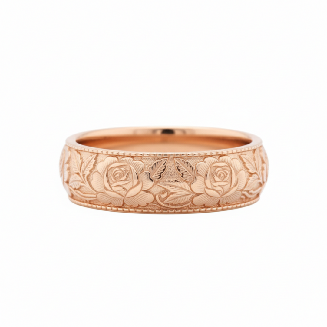 Engraved rose floral ring in 14K rose gold, 8mm botanical flower wedding band | Rare Earth Jewelry