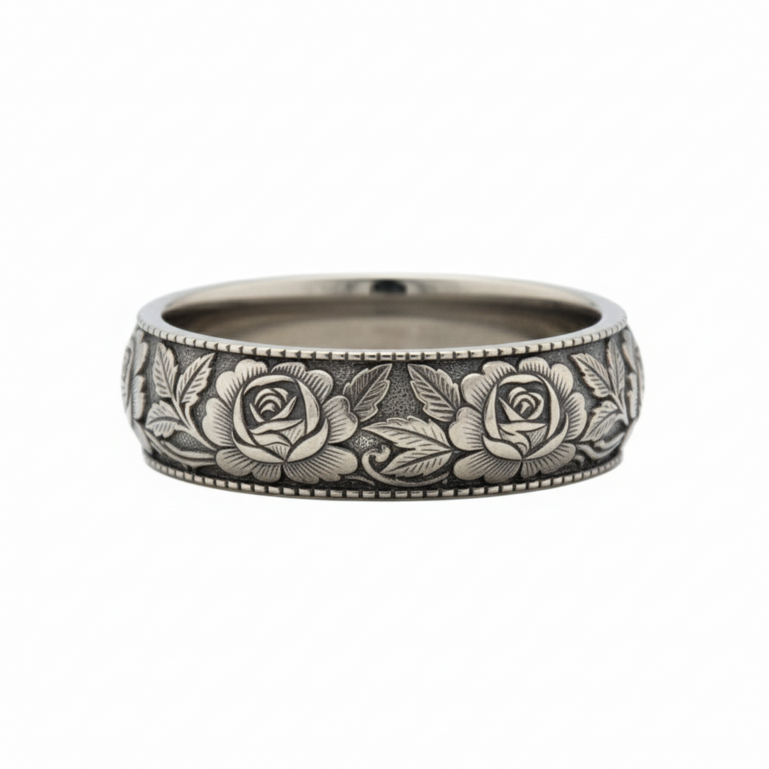Vintage Style Floral Wedding Band with Engraved Rose Flower Design, Custom Botanical Wedding Ring Shown in 14K White Gold with an Antique Patina Finish | Rare Earth Jewelry