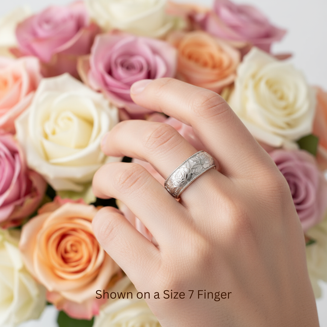 14K white gold rose wedding band worn on hand, engraved floral ring with roses | Rare Earth Jewelry