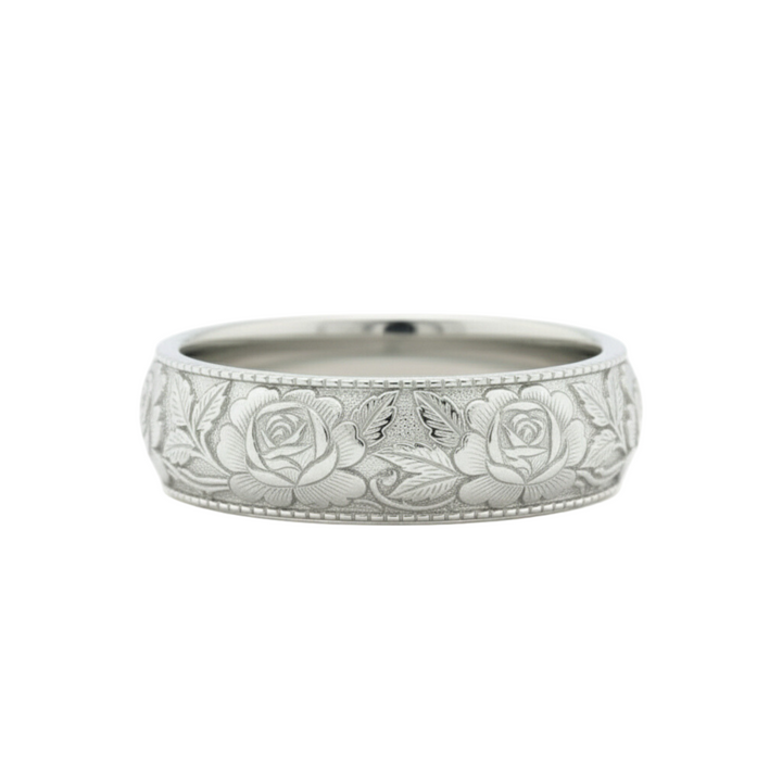 8mm engraved rose flower wedding band in 14K white gold, vintage floral design ring | Rare Earth Jewelry