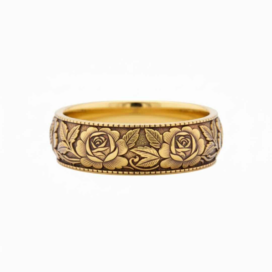Vintage Rose Engraved Floral Wedding Band in 14K Yellow Gold with Antique Patina, Unique Nature Inspired Botanical Wedding Rings | Rare Earth Jewelry