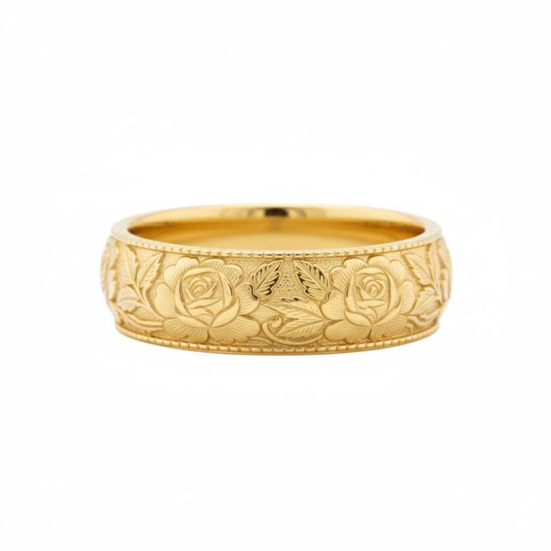 14K yellow gold rose engraved wedding band, botanical flower pattern ring, 8mm floral band | Rare Earth Jewelry