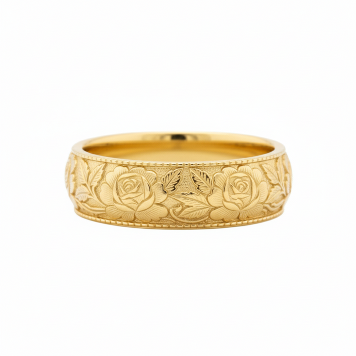 14K yellow gold rose engraved wedding band, botanical flower pattern ring, 8mm floral band | Rare Earth Jewelry