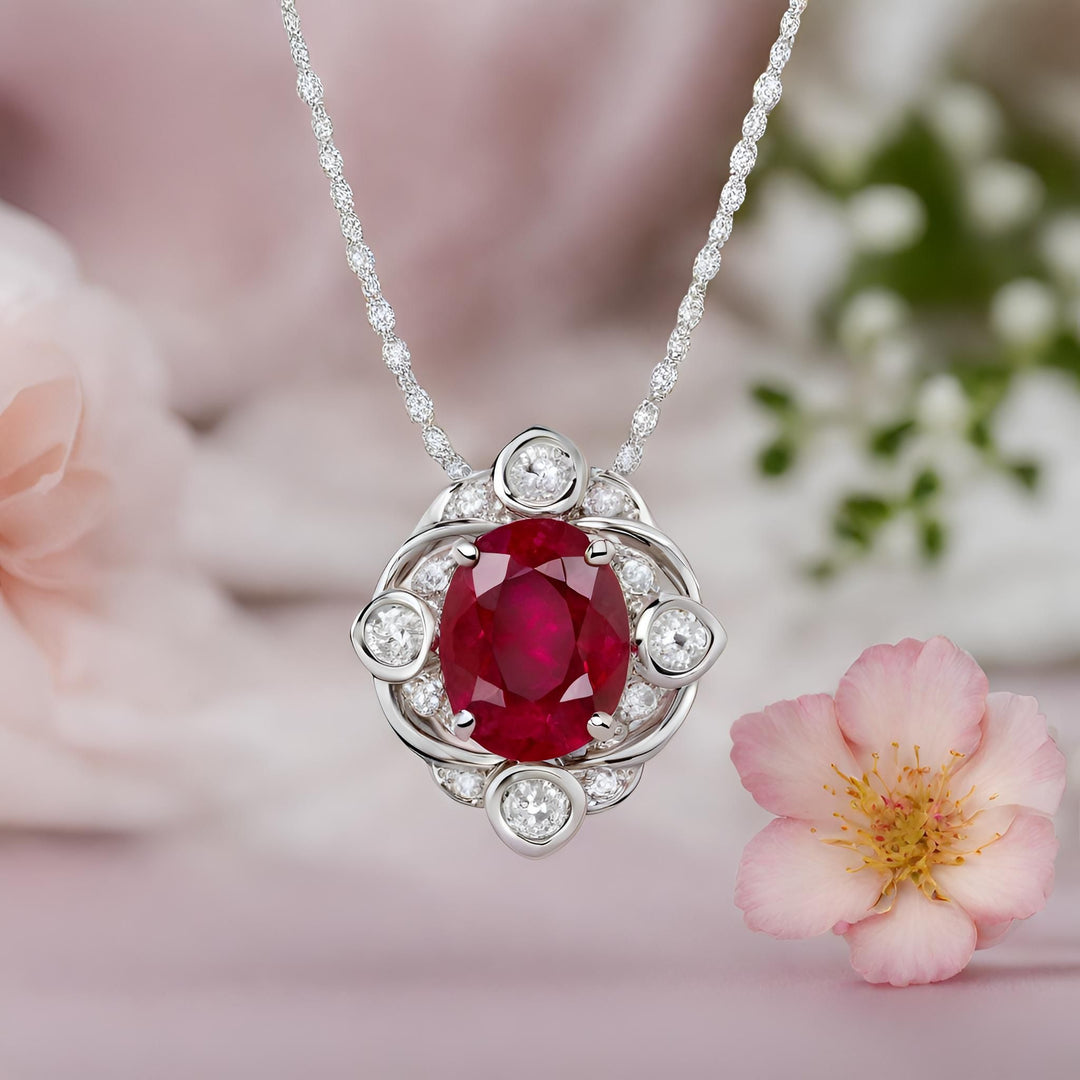 Ruby oval cut pendant with diamonds in a vintage style design in 14K Gold from Rare Earth Jewelry.