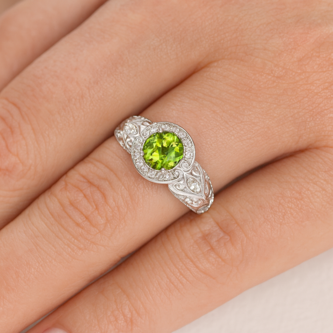 Vintage Style Peridot Ring on Hand, Antique Peridot Ring with Art Deco Design and Filigree, Peridot Engagement Ring on Finger | Rare Earth Jewelry