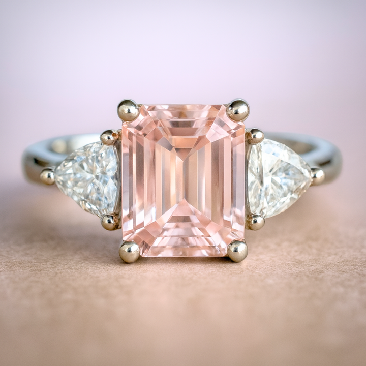 Three Stone Morganite Engagement Ring, 2ct Emerald Cut Morganite Ring, Natural Pink Morganite Ring in Gold or Platinum.  Natural Pink Gemstone Engagement Ring | Rare Earth Jewelry