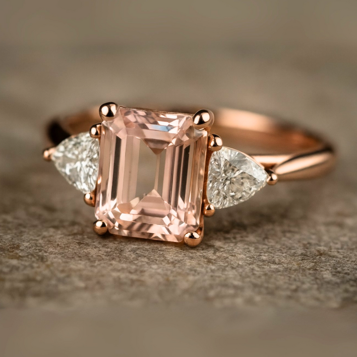 Natural Morganite Engagement Ring, Vintage Inspired Three Stone Design with a 2 Carat Emerald Cut 9x7mm Peach Pink Morganite in Rose Gold | Unique Engagement Rings with Natural Colored Gemstones from Rare Earth Jewelry