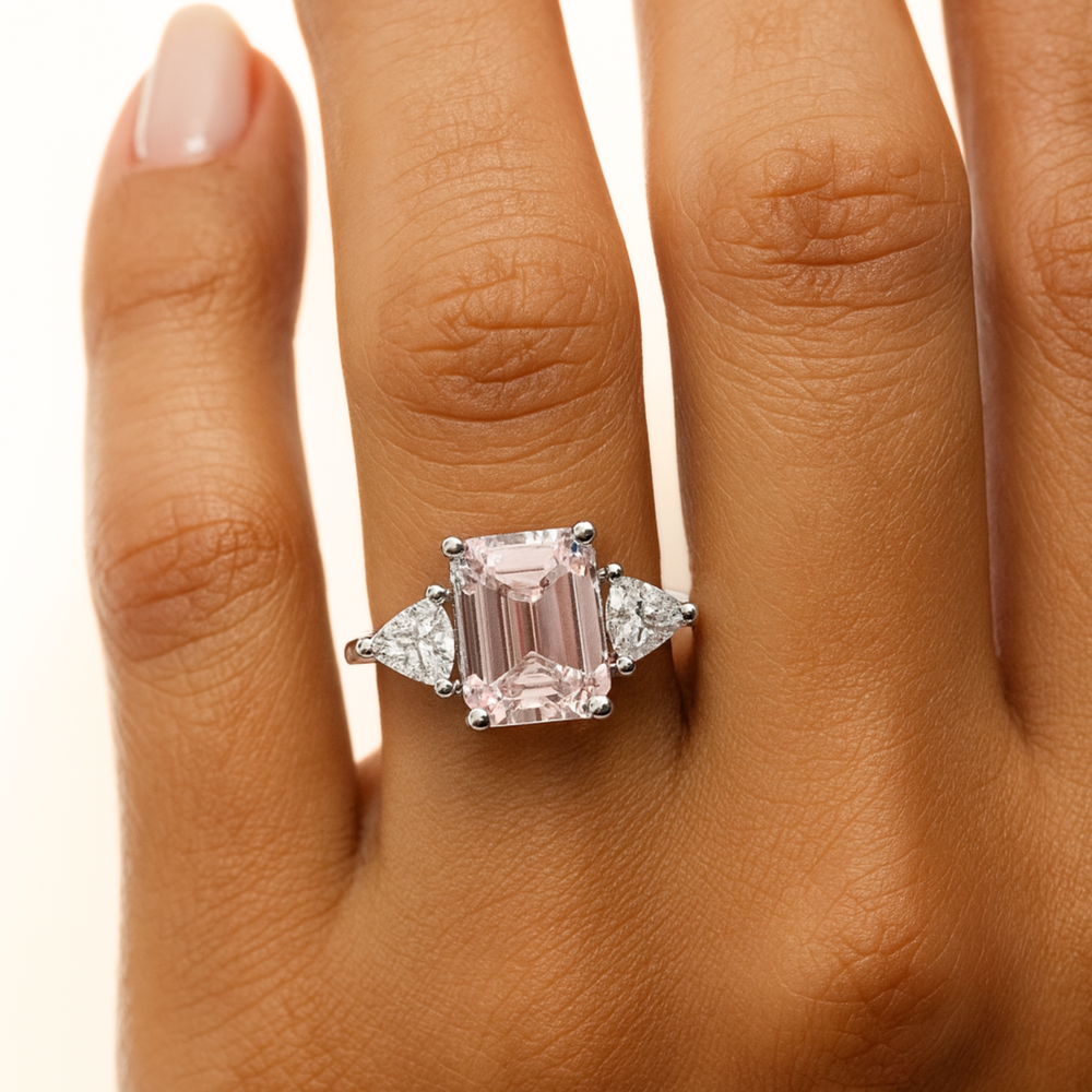 2 Carat Emerald Cut Morganite Ring on the Finger, Vintage Style 3 Stone Morganite Engagement Ring with Trillions | Rare Earth Jewelry