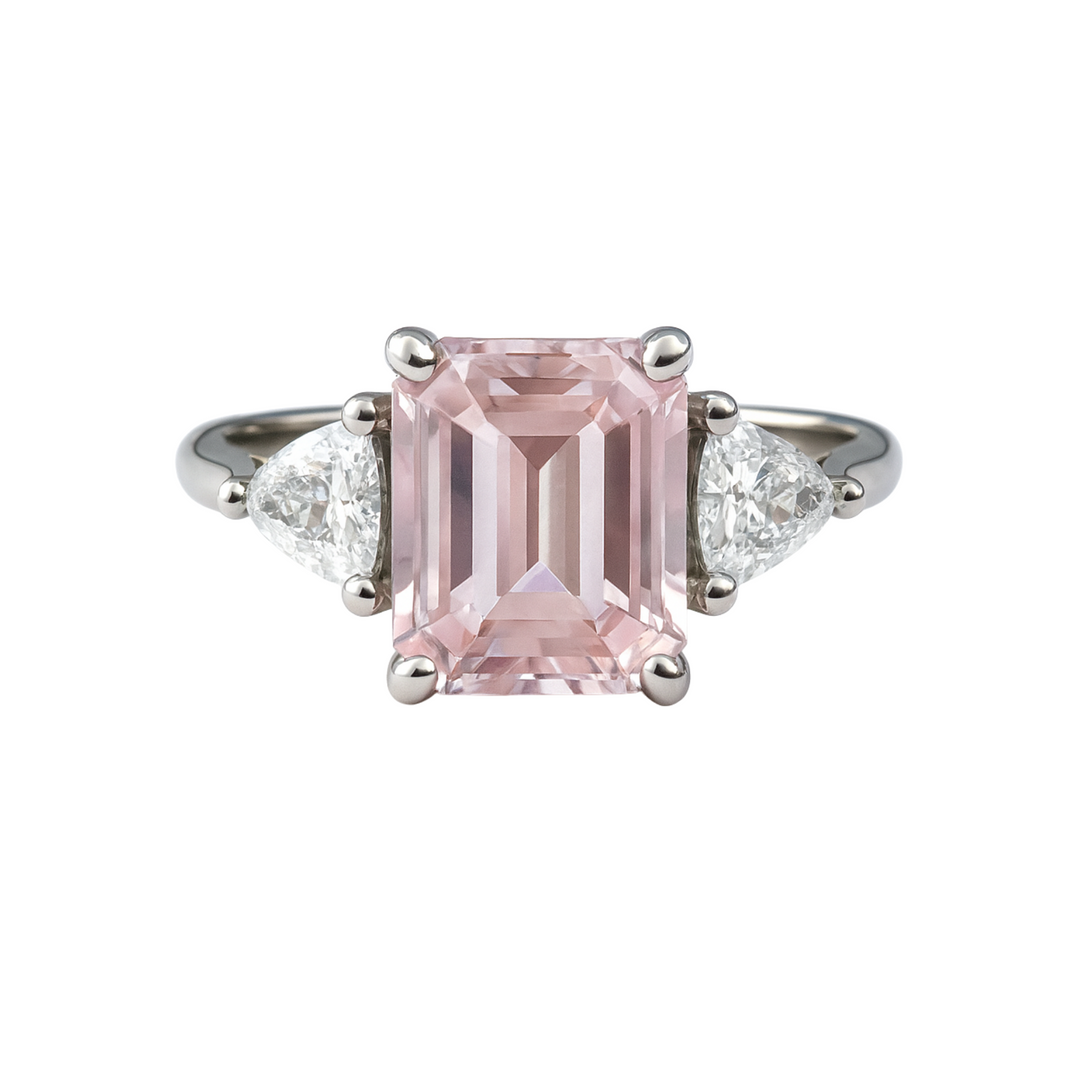 Vintage Style Three Stone Morganite Engagement Ring with Trillions shown in Platinum | Rare Earth Jewelry