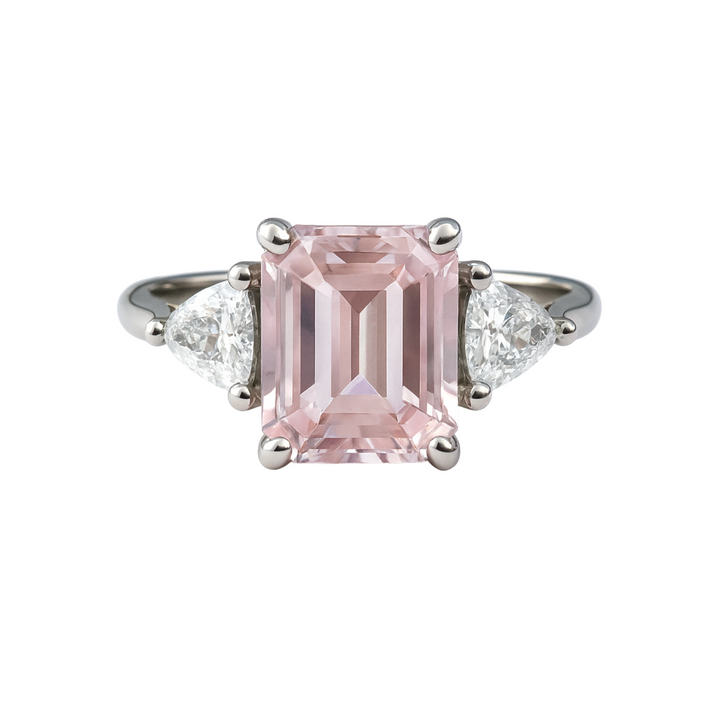 Vintage Style Three Stone Morganite Engagement Ring with Trillions shown in Platinum | Rare Earth Jewelry