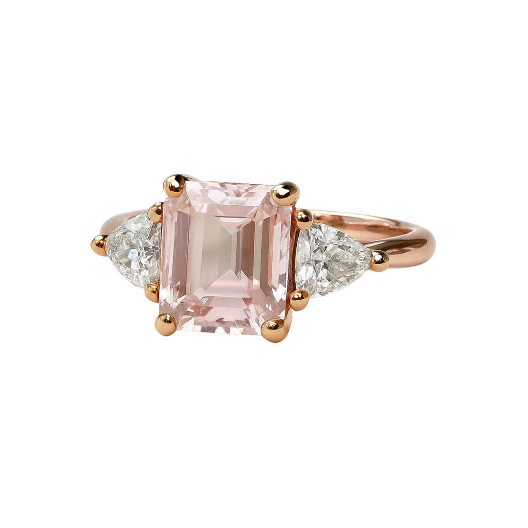 Morganite 3 Stone Ring in Rose Gold, Vintage Style Emerald Cut Pink Stone Engagement Ring with Trillions, Natural Morganite Ring in 14K Rose Gold.  | Rare Earth Jewelry