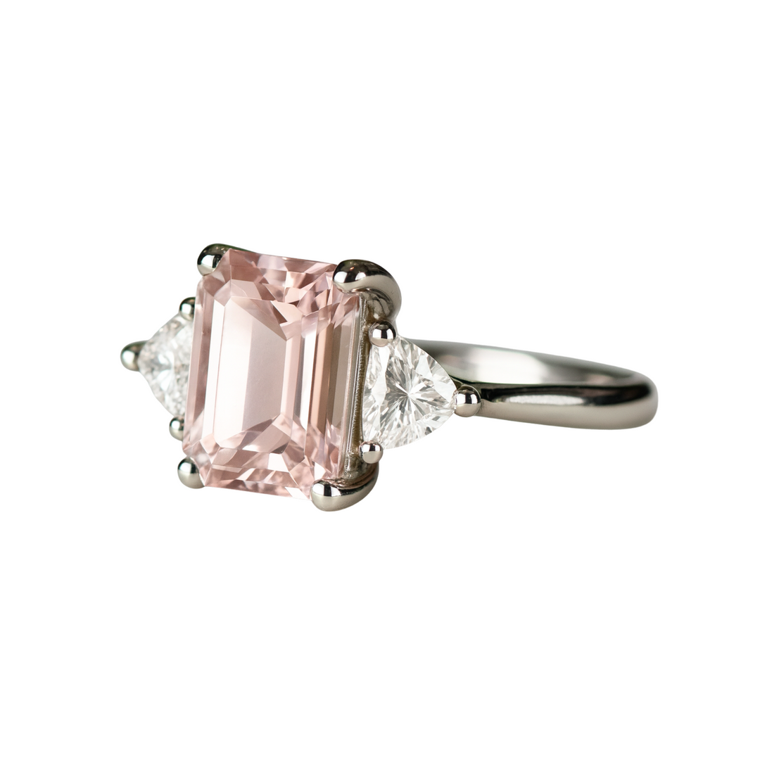 Vintage Style Three Stone Morganite Engagement Ring Side View, 2ct Emerald Cut Morganite Ring shown in White Gold | Rare Earth Jewelry