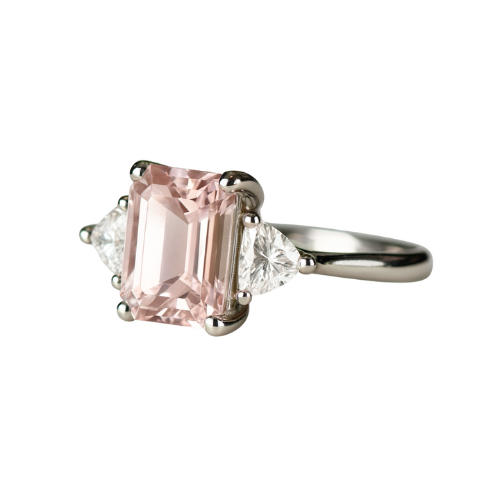 Vintage Style Three Stone Morganite Engagement Ring Side View, 2ct Emerald Cut Morganite Ring shown in White Gold | Rare Earth Jewelry