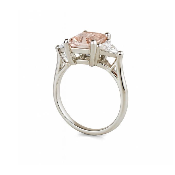 Three Stone Morganite Ring with Trillions, 2 CT Emerald Cut Morganite Engagement Ring | Rare Earth Jewelry