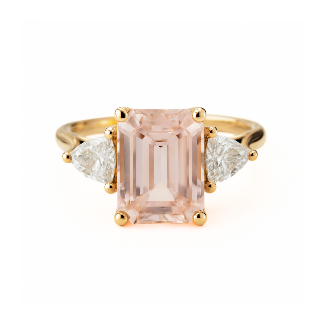 Vintage Style Three Stone Morganite Engagement Ring with Trillions Shown in Yellow Gold | Rare Earth Jewelry
