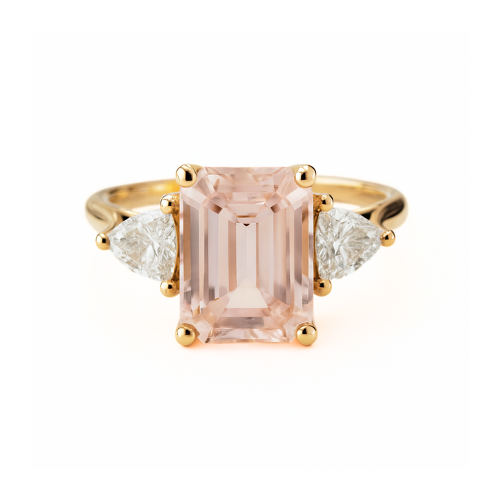 Vintage Style Three Stone Morganite Engagement Ring with Trillions Shown in Yellow Gold | Rare Earth Jewelry