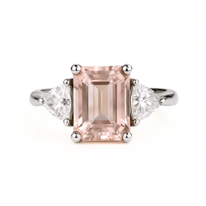 Vintage Style Three Stone Morganite Engagement Ring with Trillions, 2 Carat Emerald Cut Morganite Ring in Gold or Platinum.  Natural Pink Gemstone Ring | Rare Earth Jewelry