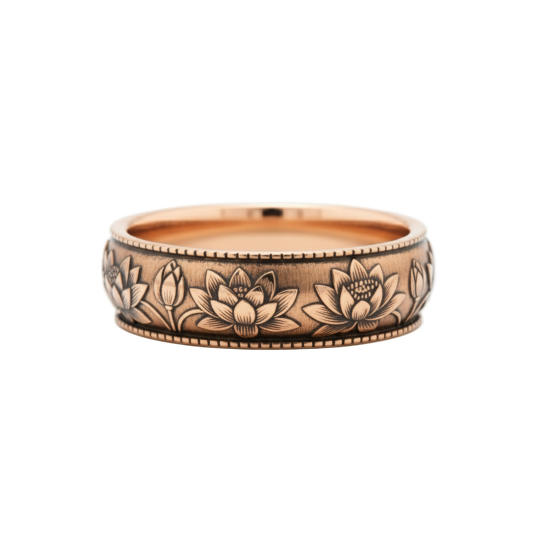 Water lily botanical engraved ring in 14K rose gold, waterlily flower wedding band,  unisex floral band for men and women, antique finish | Rare Earth Jewelry