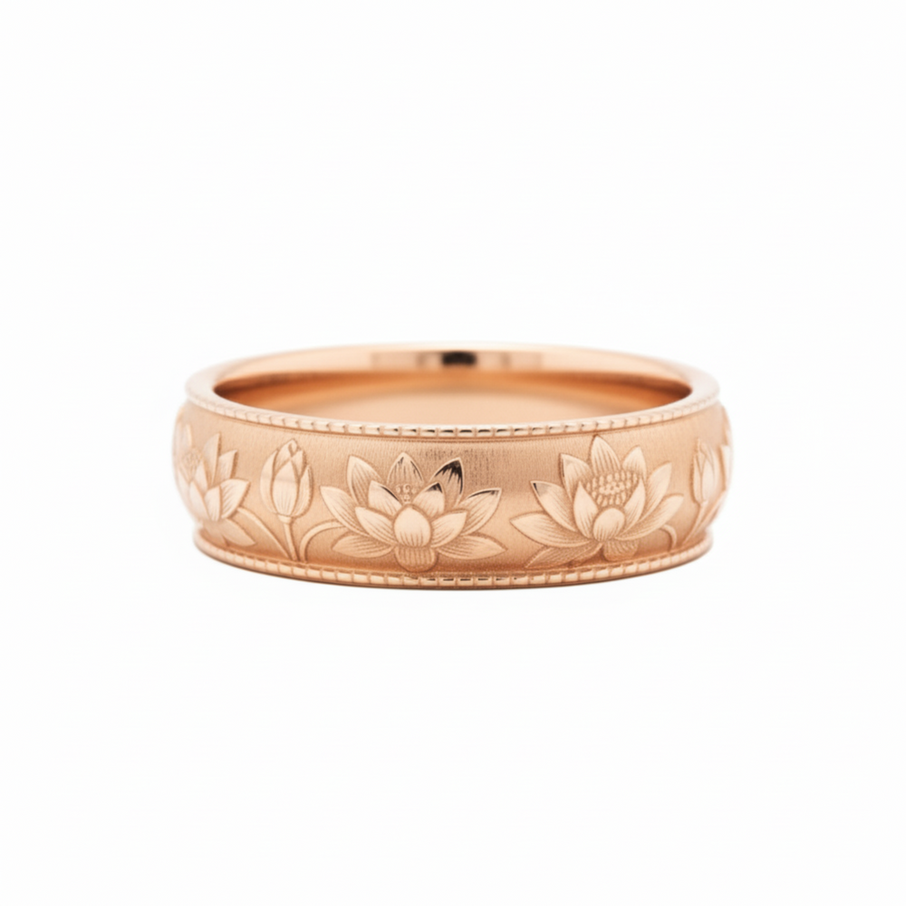 Romantic water lily engraved wedding ring, botanical floral band design in 14K Rose Gold | Rare Earth Jewelry