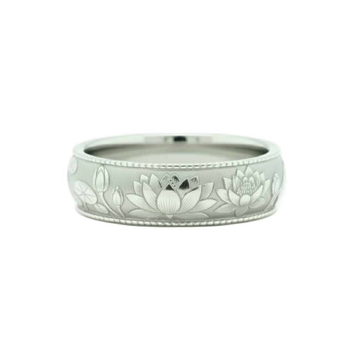 Engraved water lily floral ring, botanical lotus-style wedding band with waterlilies and  lily pads in 14K White Gold | Rare Earth Jewelry