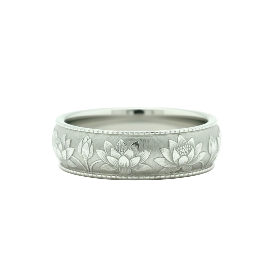 Water lily engraved wedding band with botanical waterlily design, 8mm comfort fit floral ring in 14K White Gold | Rare Earth Jewelry