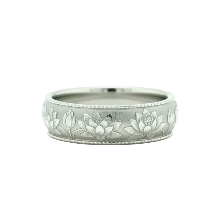 Water lily engraved wedding band with botanical waterlily design, 8mm comfort fit floral ring in 14K White Gold | Rare Earth Jewelry
