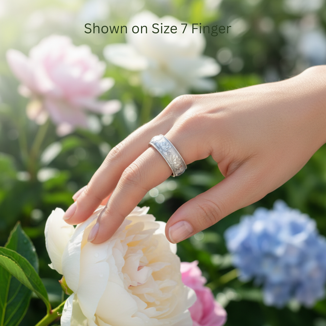 Waterlily engraved floral ring on size 7 finger, botanical water lily design wedding band in 14K White Gold | Rare Earth Jewelry