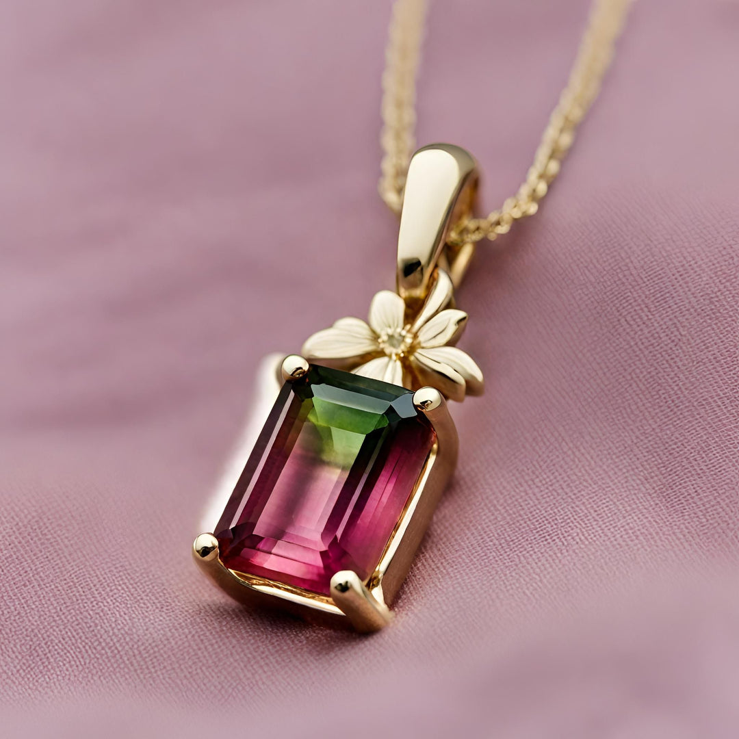 A 14K gold natural watermelon tourmaline pendant. Emerald cut Tourmaline necklace with a flower design from Rare Earth Jewelry.