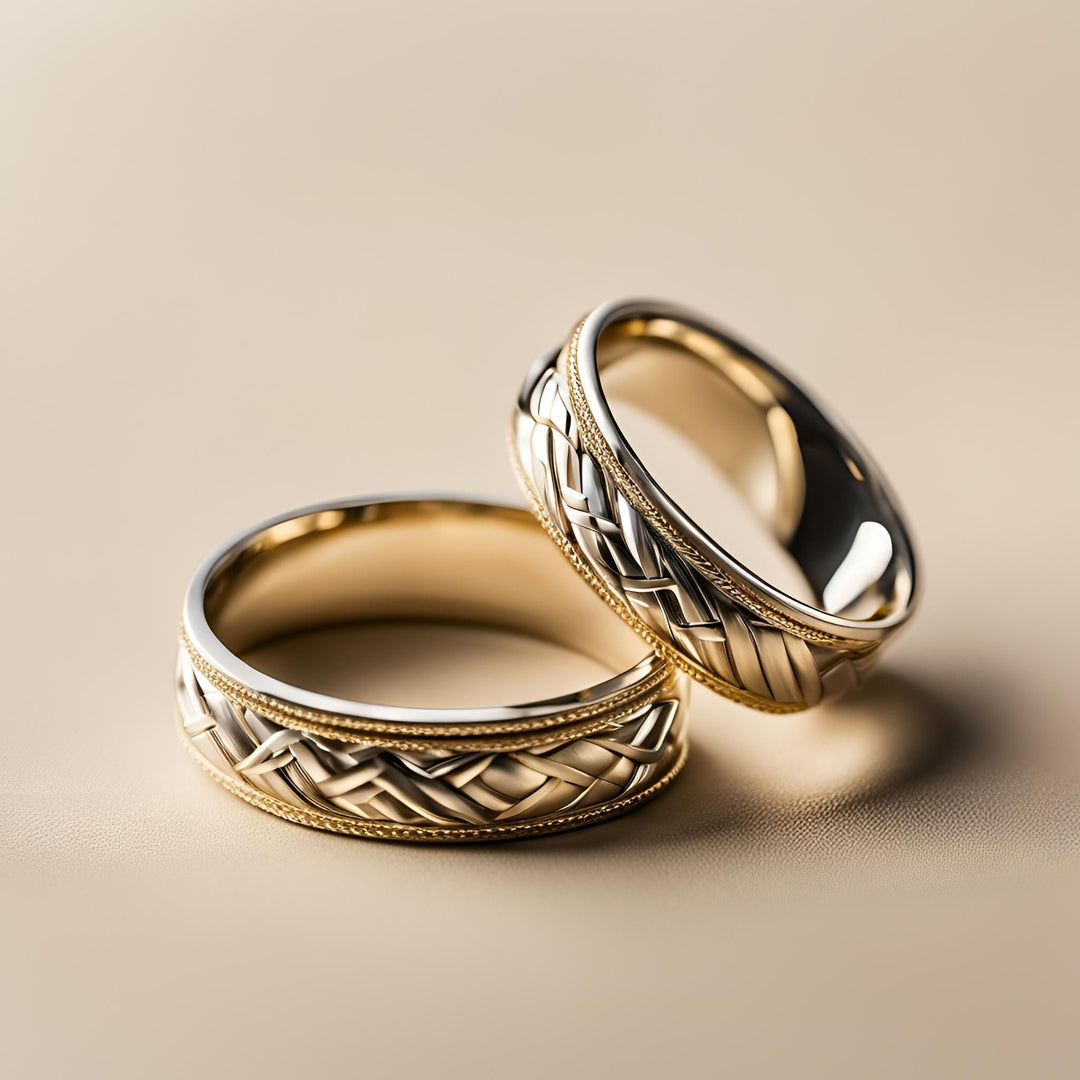 Mens and womens mixed metal wedding rings, two-tone woven design from Rare Earth Jewelry.