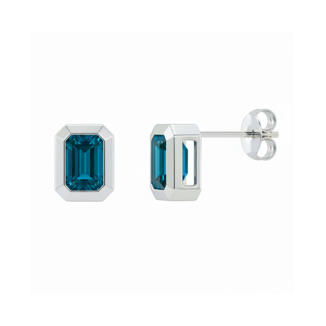 Solid 14K White gold emerald cut London Blue Topaz earrings, modern minimalist stud design | Rare Earth Jewelry