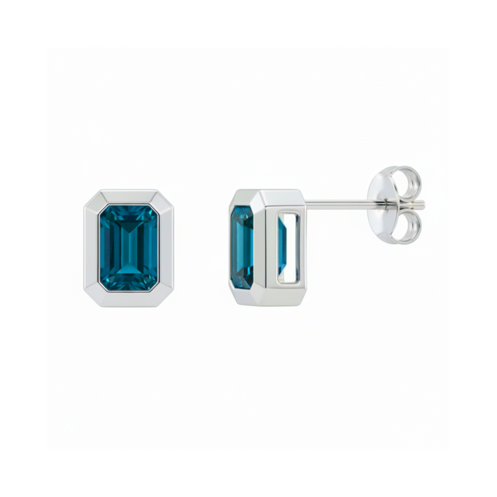 Solid 14K White gold emerald cut London Blue Topaz earrings, modern minimalist stud design | Rare Earth Jewelry