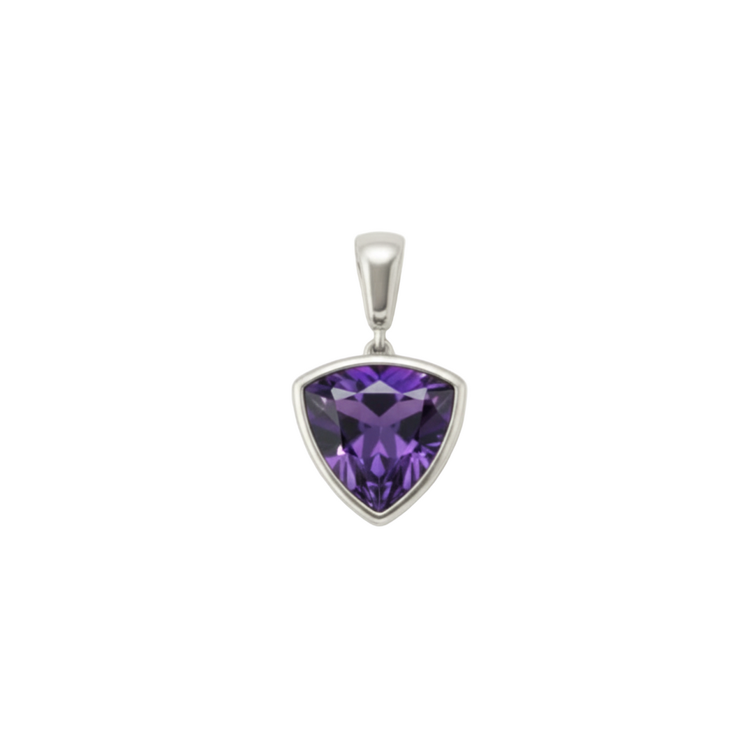 Natural trillion cut amethyst pendant in 14K white gold bezel, minimalist triangle gemstone necklace, February birthday gift | Rare Earth Jewelry