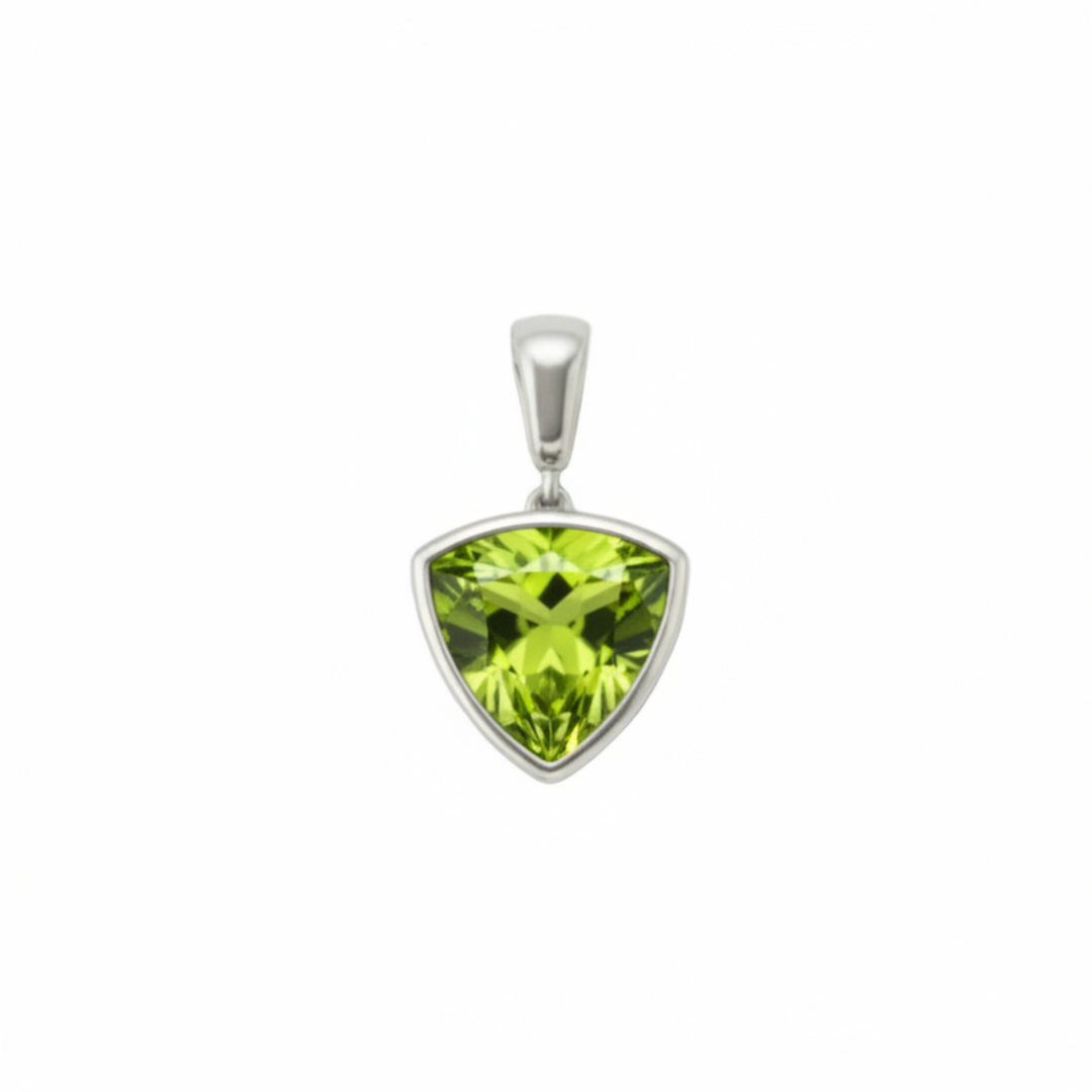 Natural trillion cut peridot pendant in 14K white gold bezel, minimalist triangle gemstone necklace, august birthday gift | Rare Earth Jewelry