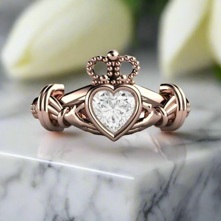 White Sapphire Claddagh Ring, Irish Engagement Ring or Promise Ring with Heart Cut Natural White Sapphire in Gold or Platinum, Celtic Jewelry | Rare Earth Jewelry