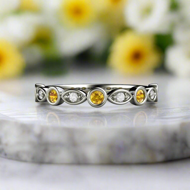 Natural Yellow Sapphire Band, Wedding Ring or Anniversary Band  in Gold or Platinum with a Scalloped Design.   Bezel Set Yellow Sapphire Stacking Ring from Rare Earth Jewelry