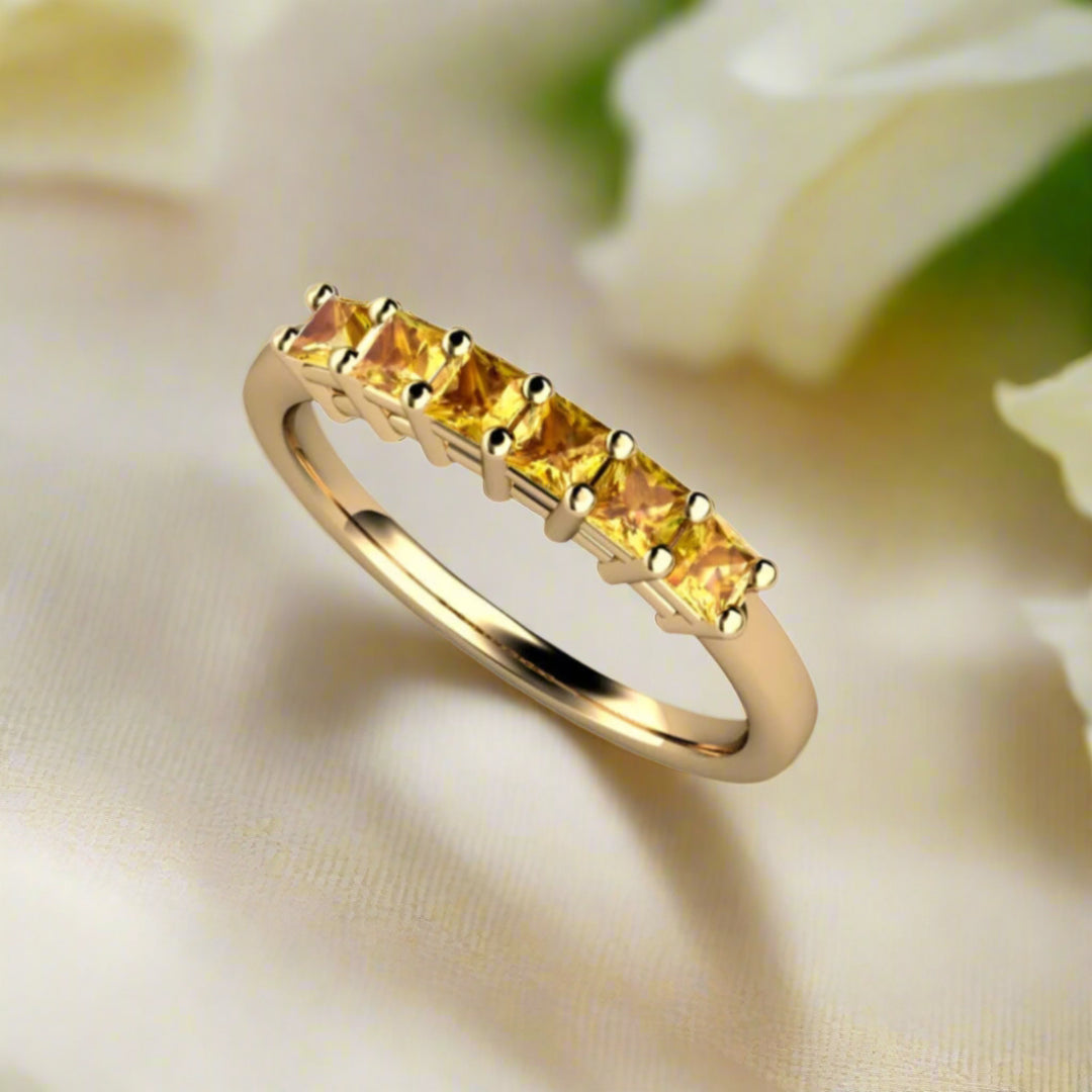 Yellow Sapphire Ring, Princess Cut Square Yellow Stone Stackable Band, 6 Stone Anniversary Band in Gold or Platinum | Rare Earth Jewelry