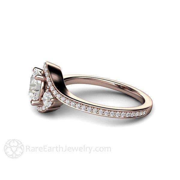 1ct Diamond Engagement Ring 3 Stone Bypass Vintage Style Halo, Rare Earth Jewelry