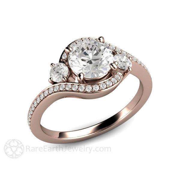 1 Carat Diamond Engagement Ring 3 Stone Bypass Vintage Style Halo 14K Rose Gold - Engagement Only - Rare Earth Jewelry